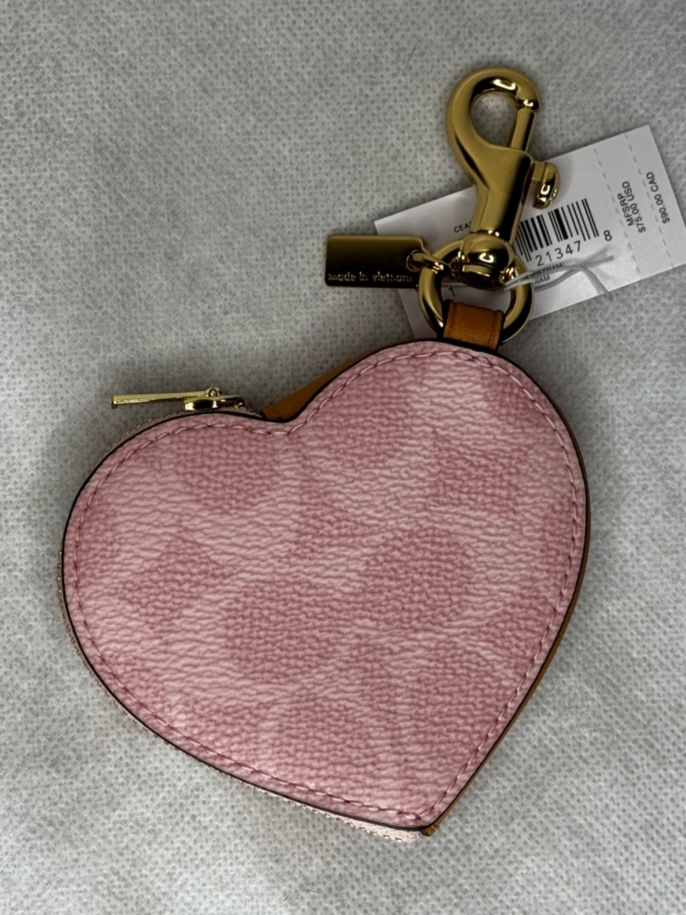 NWT Coach POWDER PINK Heart Bag Charm In Signature Canvas CEA22 Gold/Powder Pink